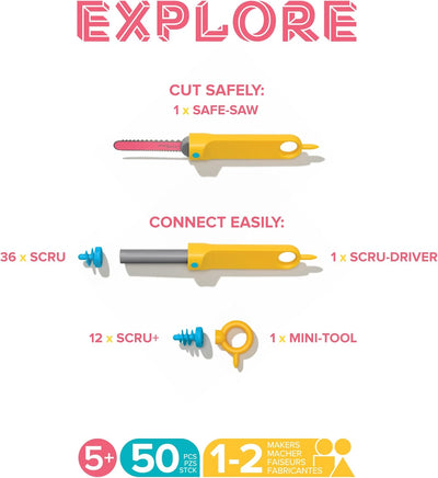 Makedo Explore | Upcycled Cardboard Construction Toolkit in Small Toolbox (50 Pieces)