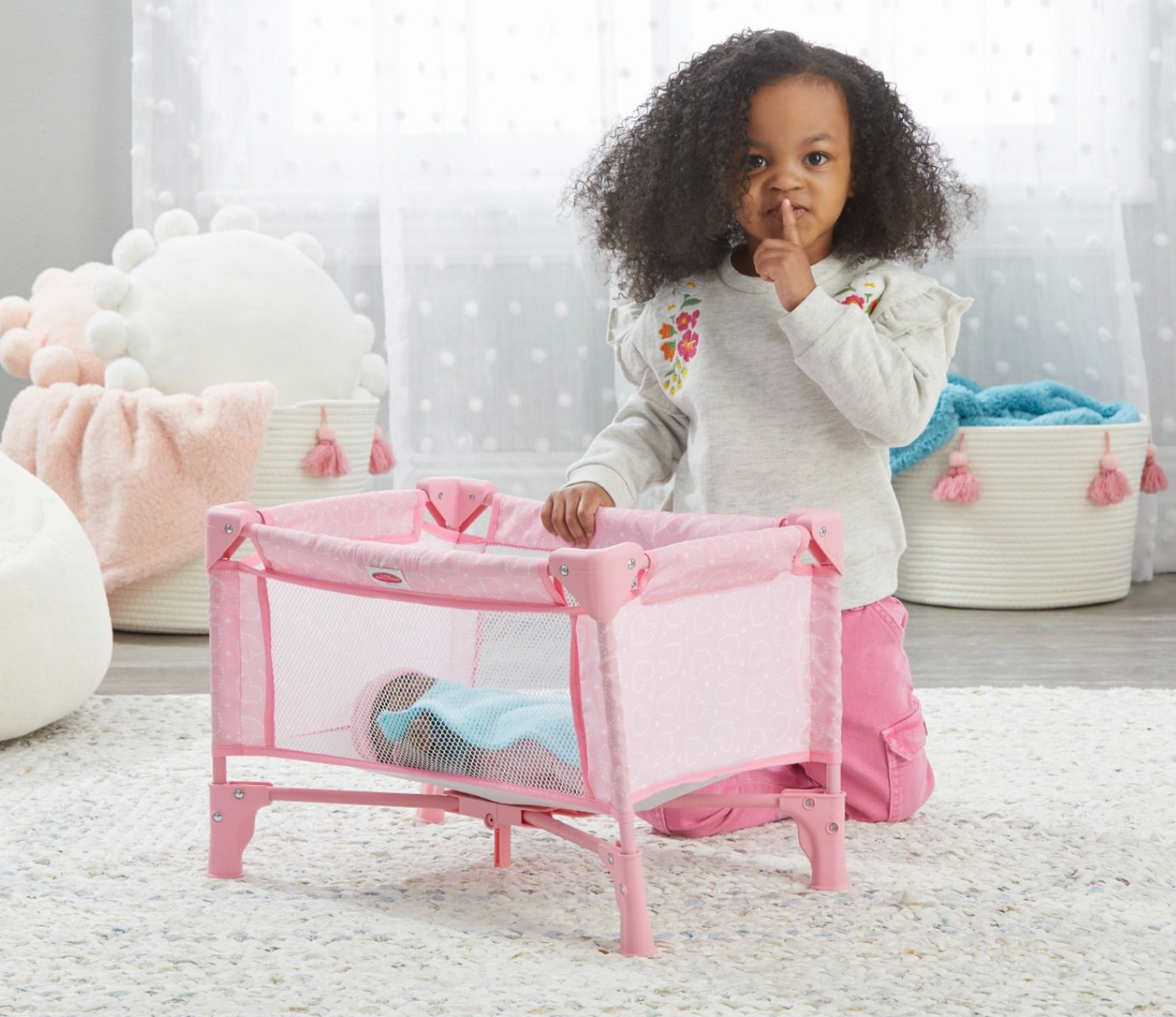 Pack-and-Play Crib for Dolls, Pink Hearts