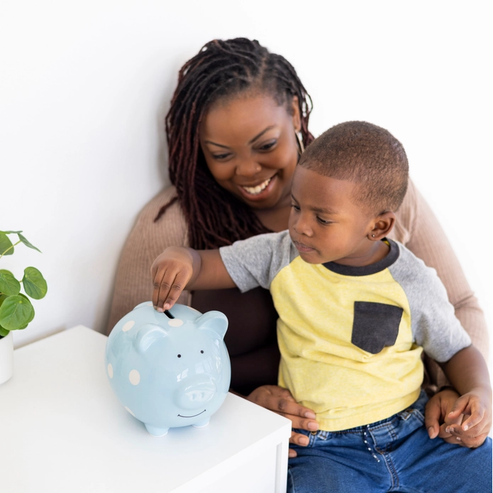 Classic Ceramic Piggy Bank - Blue with White Polka Dots