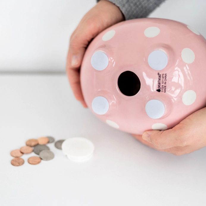 Classic Ceramic Piggy Bank - Blue with White Polka Dots