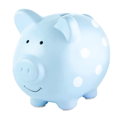 Classic Ceramic Piggy Bank - Blue with White Polka Dots