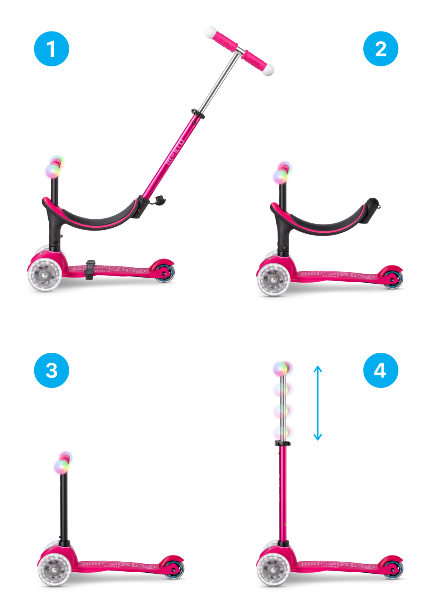 Micro Mini2Grow Deluxe LED 4 in 1 Scooter Pink