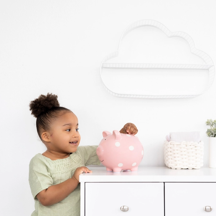 Classic Ceramic Piggy Bank - Pink with White Polka Dots