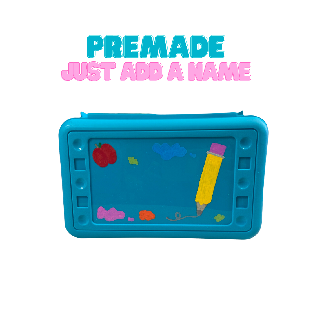Premade Pencil Box - Turquoise with School theme