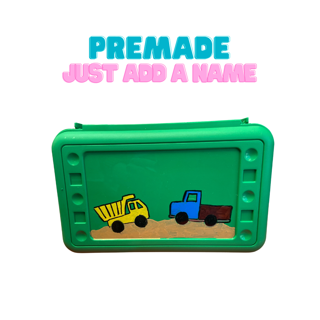 Premade Pencil Box - Green with Train theme