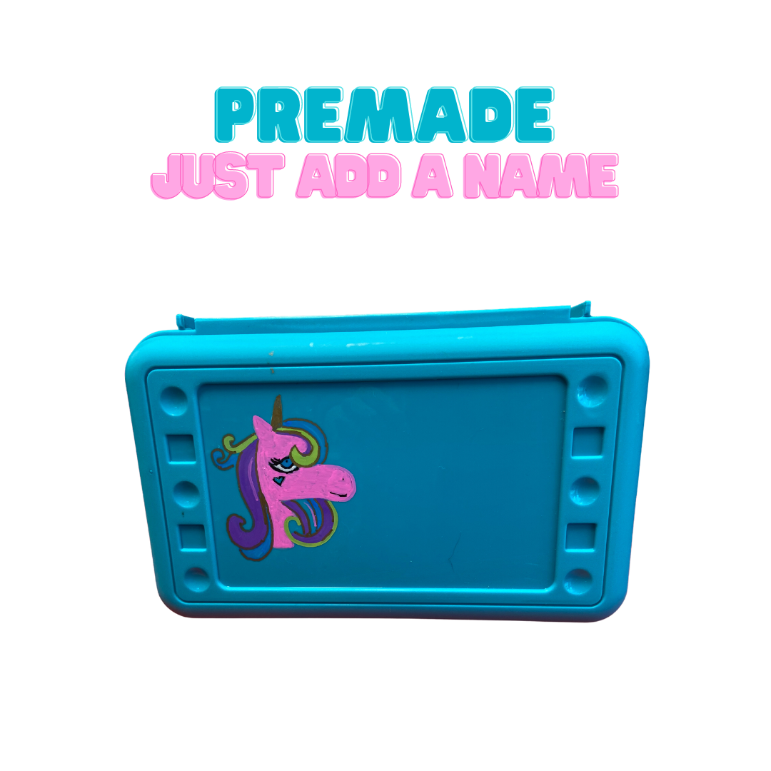Premade Pencil Box - Blue with Pink Unicorn