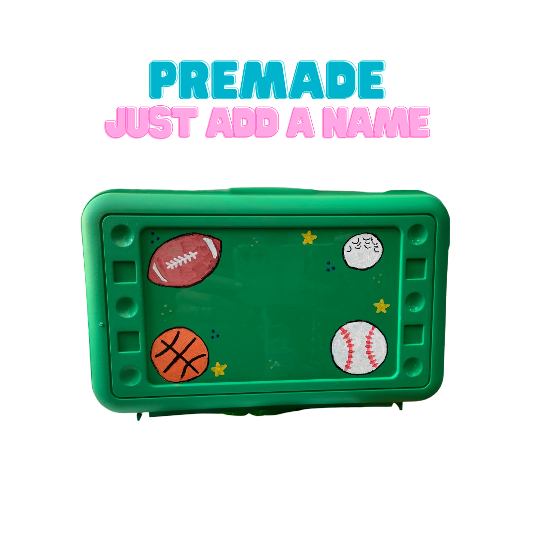 Premade Pencil Box - Green with Sports theme